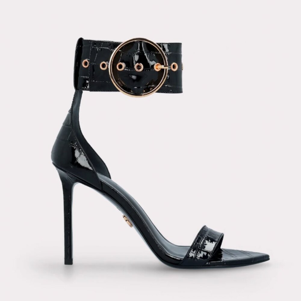 ADELE 01 BLACK PATENT CROCO EMBOSSED LEATHER SANDALS - Picture 2 of 3